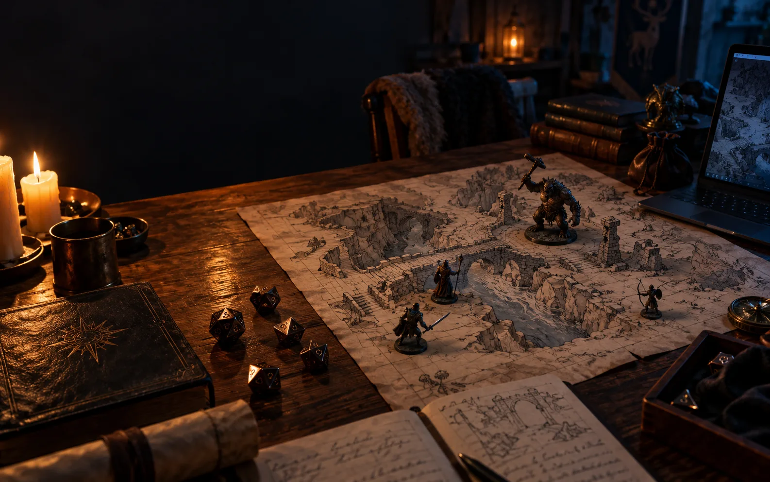 Fantasy tabletop map, miniatures, dice and game notes beside a laptop