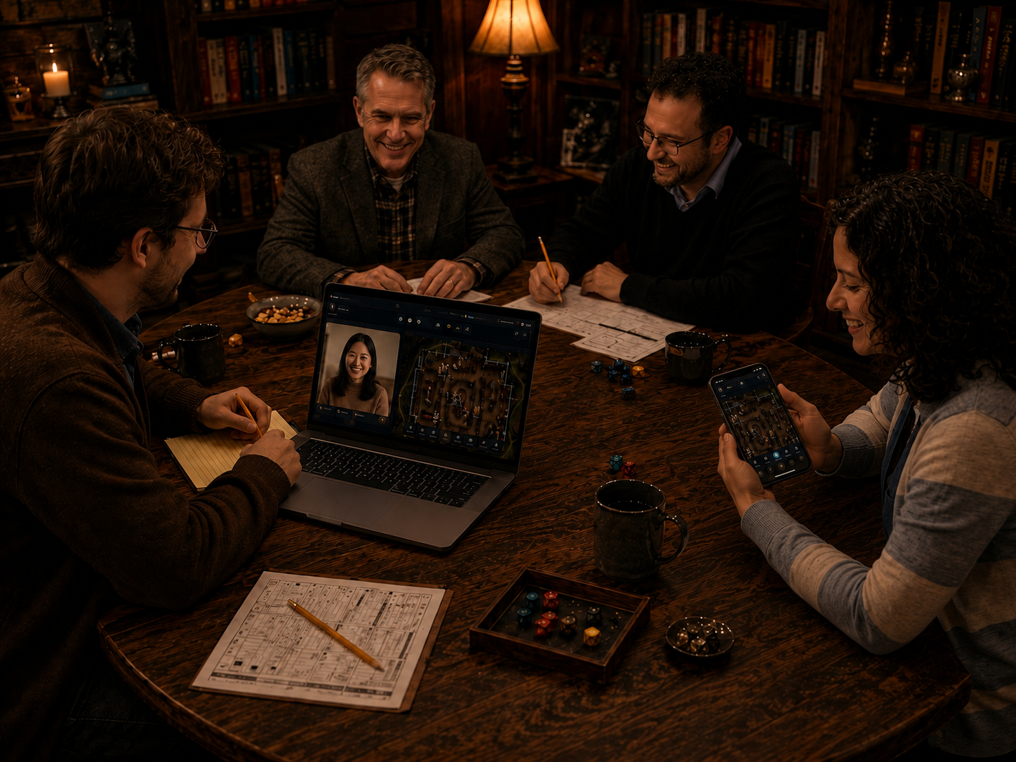 Hybrid tabletop group gathered around a table with laptop map view, phone companion, dice, sheets, and books