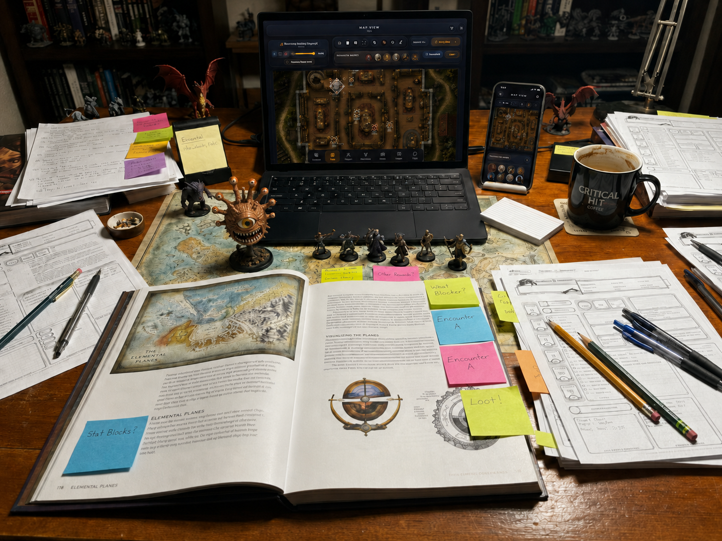Dungeon master tabletop setup with laptop map view, phone companion, books, notes, miniatures, and dice